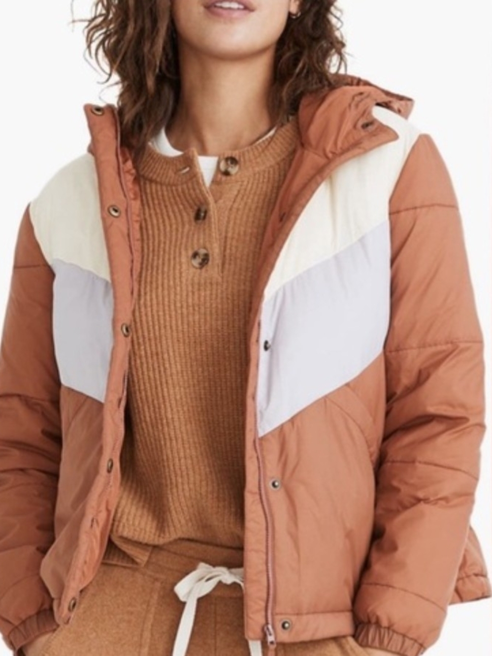 Madewell Chevron Packable Puffer Jacket Colorblock Warm Umber XS